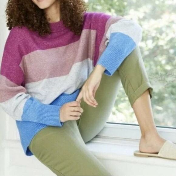 A New Day Striped Colorblock Slouchy Oversized Pullover Crew Neck Sweater - Picture 1 of 9